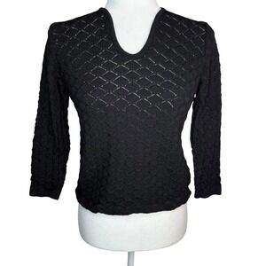 St. John Collection Marie Gray S Black Textured Open Knit Sweater Top 3/4 Sleeve